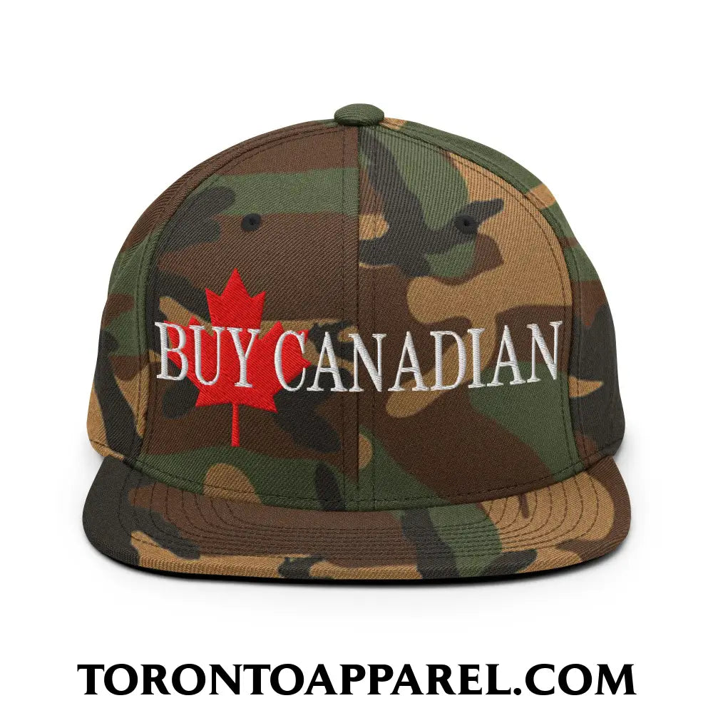 Buy Canadian Maple Leaf Embroidered Flat Brim Bill Snapback Hat - Green Camo - Toronto Apparel