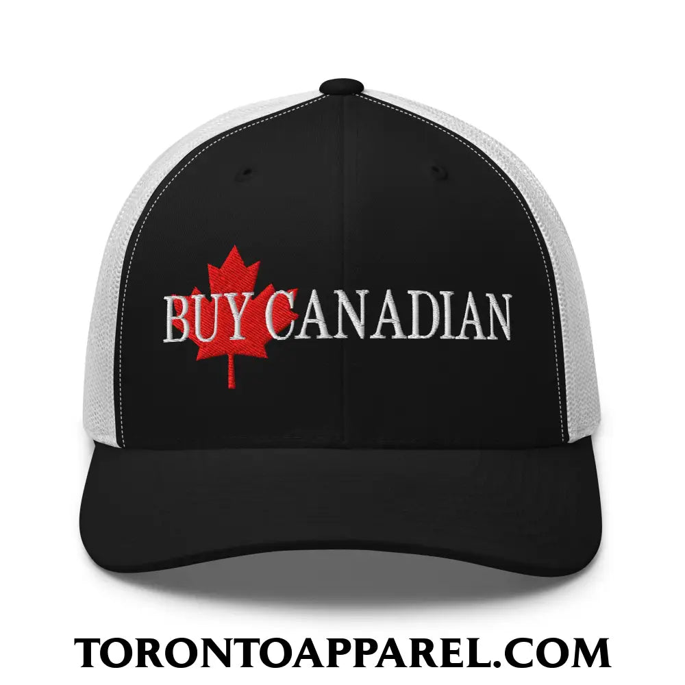 Buy Canadian Maple Leaf Embroidered Mesh Trucker Hat - Black/ White - Toronto Apparel
