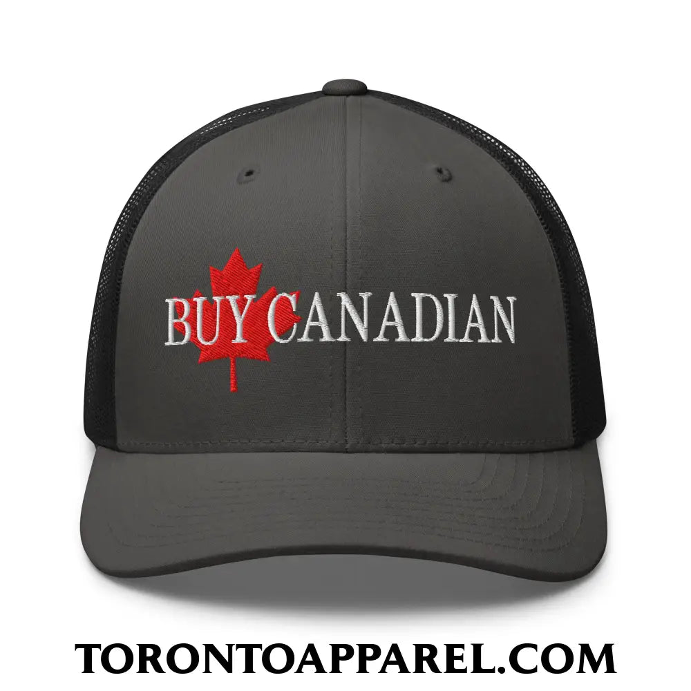 Buy Canadian Maple Leaf Embroidered Mesh Trucker Hat - Charcoal/ Black - Toronto Apparel