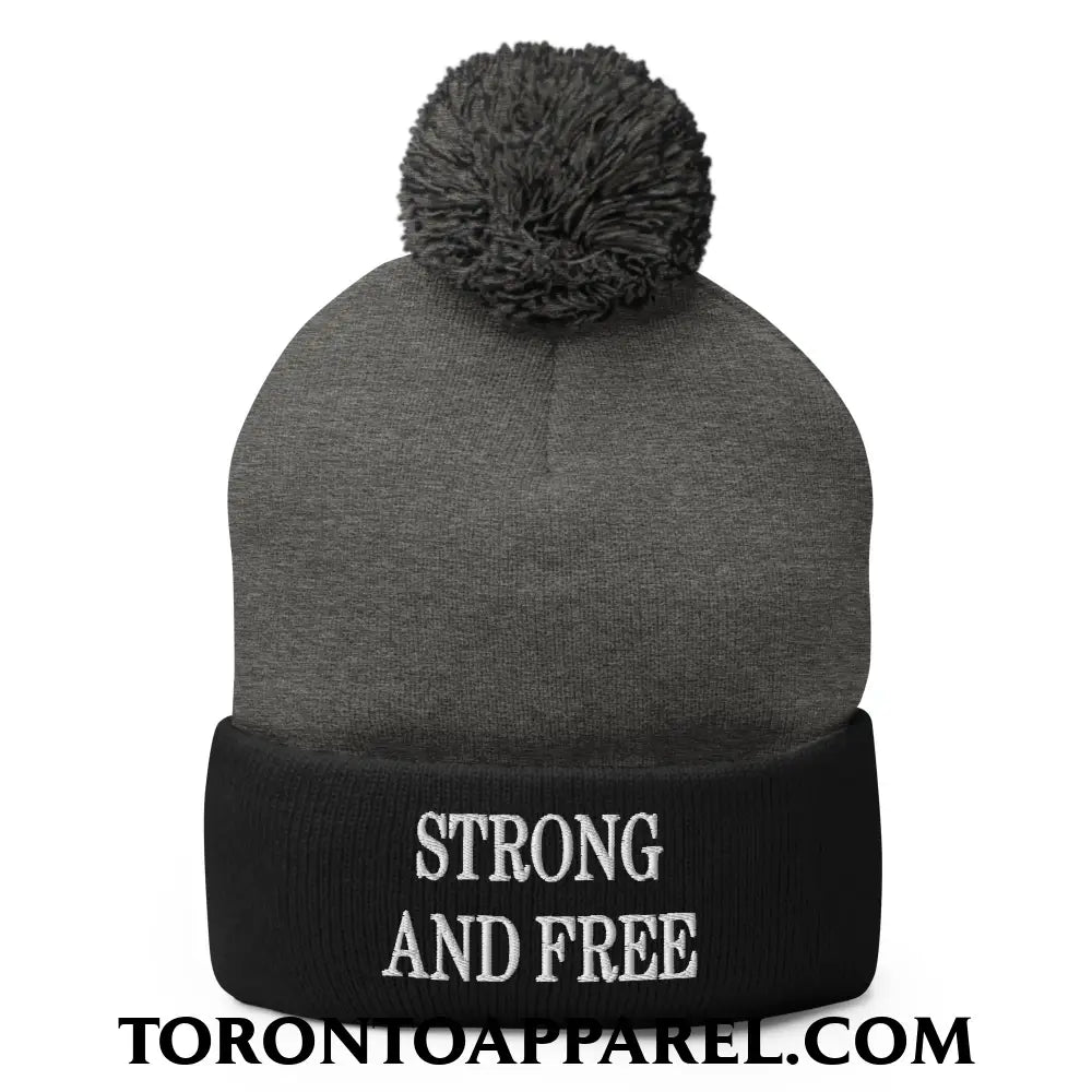 Canada Strong and Free Embroidered Pom Pom Knit Beanie - Dark Heather Grey/ Black - Toronto Apparel