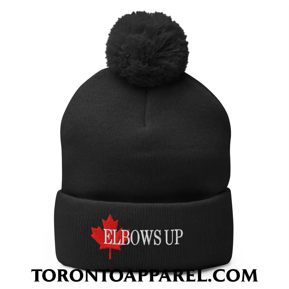 Elbows Up Fight for Canada Maple Leaf Embroidered Pom Pom Knit Beanie - Black - Toronto Apparel