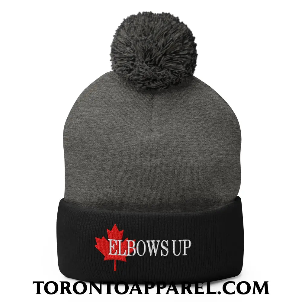 Elbows Up Fight for Canada Maple Leaf Embroidered Pom Pom Knit Beanie - Dark Heather Grey/ Black - Toronto Apparel