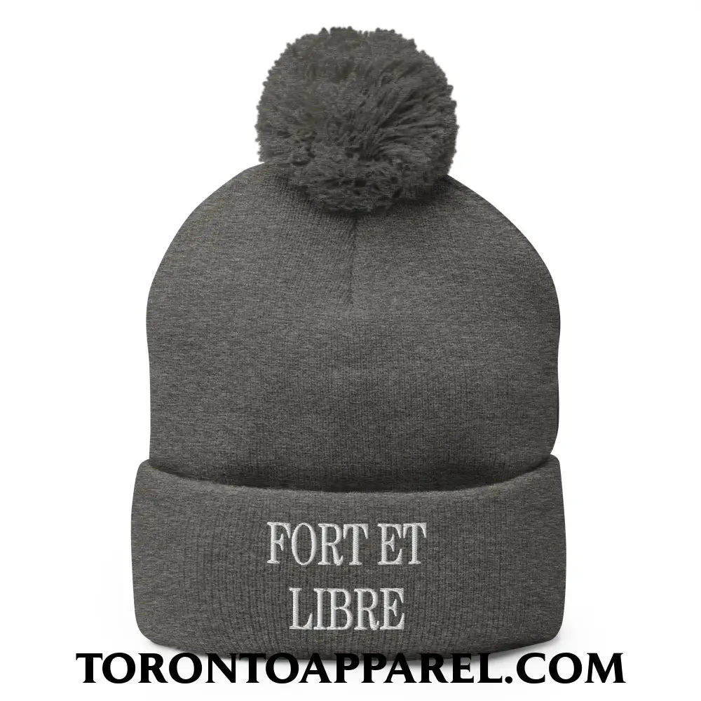 Fort et Libre Canada Strong and Free Embroidered Pom Pom Knit Beanie - Dark Heather Grey - Toronto Apparel