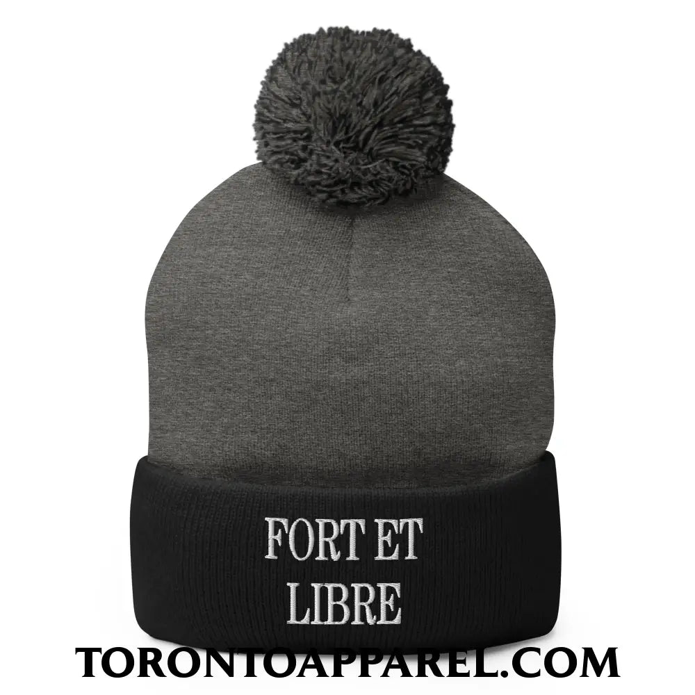 Fort et Libre Canada Strong and Free Embroidered Pom Pom Knit Beanie - Dark Heather Grey/ Black - Toronto Apparel