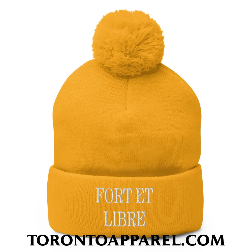 Fort et Libre Canada Strong and Free Embroidered Pom Pom Knit Beanie - Gold - Toronto Apparel