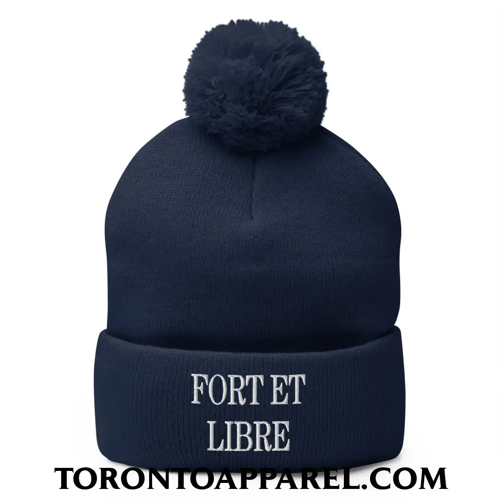 Fort et Libre Canada Strong and Free Embroidered Pom Pom Knit Beanie - Navy - Toronto Apparel