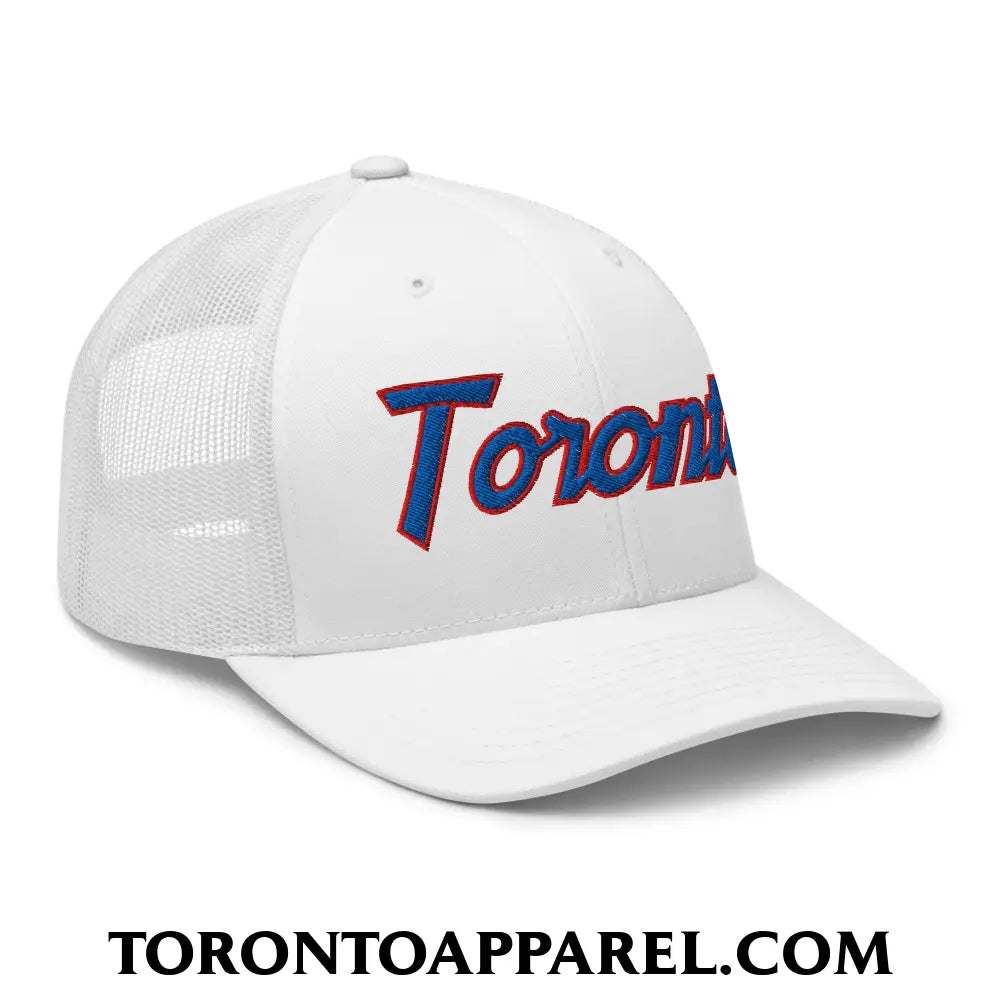 Toronto Baseball Vintage Sports Script Embroidered Mesh Trucker Hat - Toronto Apparel