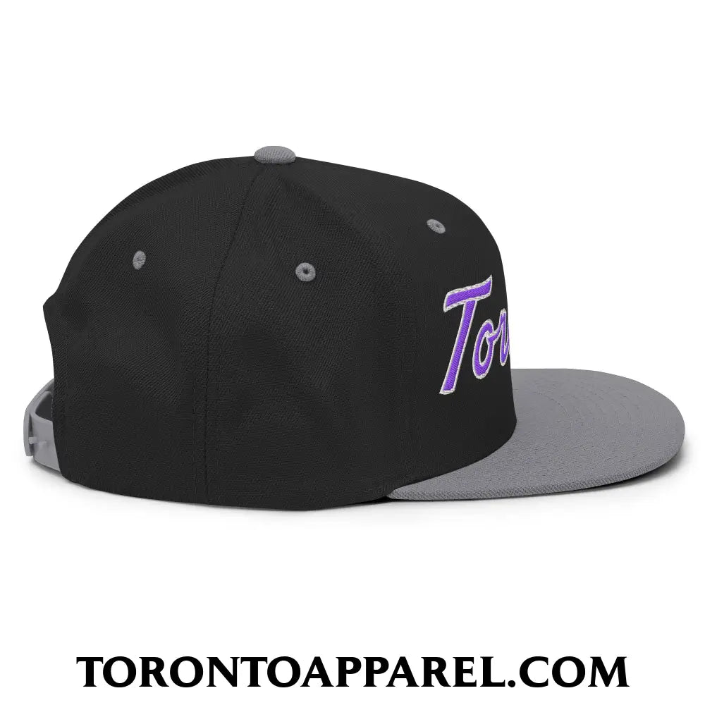 Toronto Basketball Classic Sports Script Embroidered Flat Brim Bill Snapback Hat Purple / White - Toronto Apparel