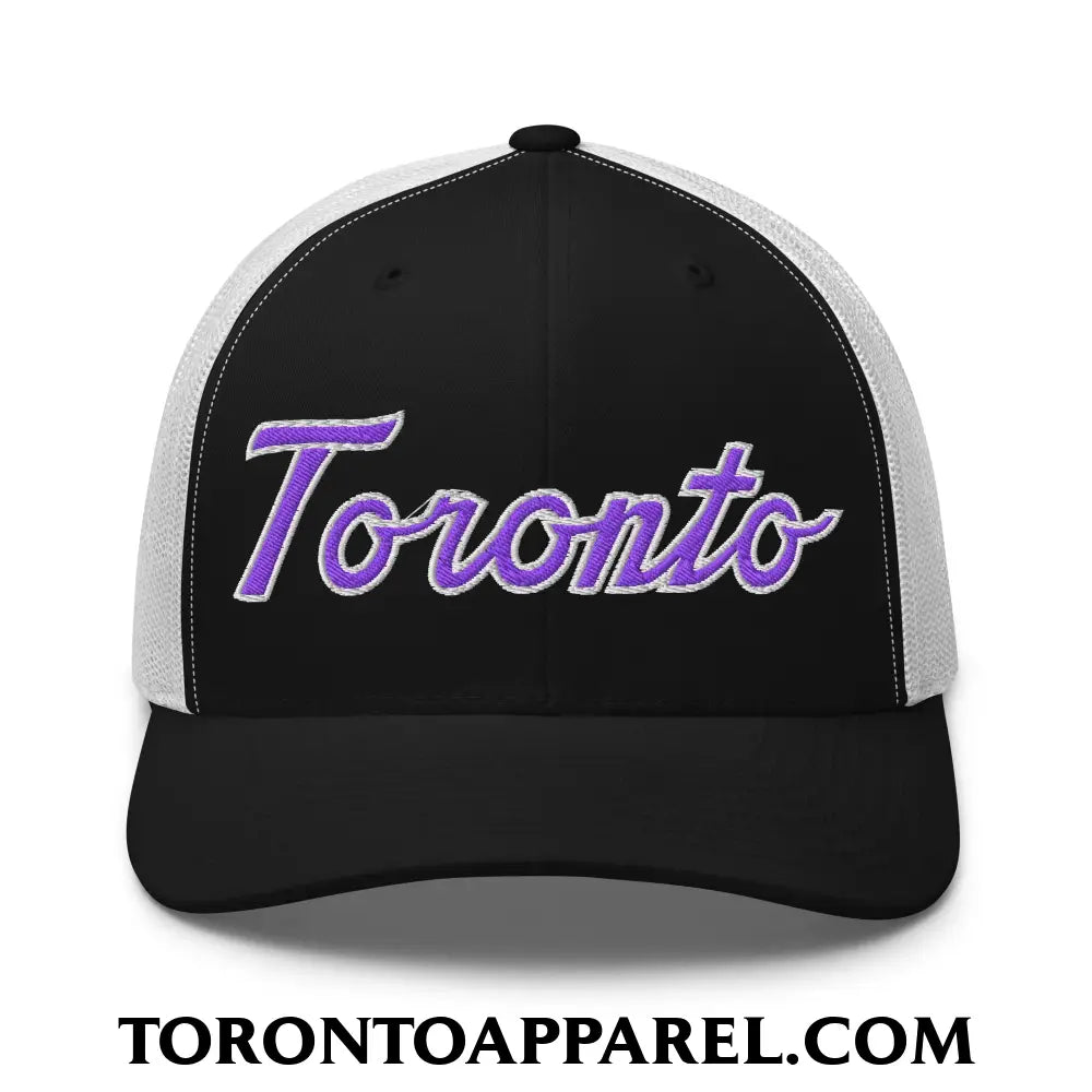 Toronto Basketball Classic Sports Script Embroidered Mesh Trucker Hat Purple / White - Black/ White - Toronto Apparel