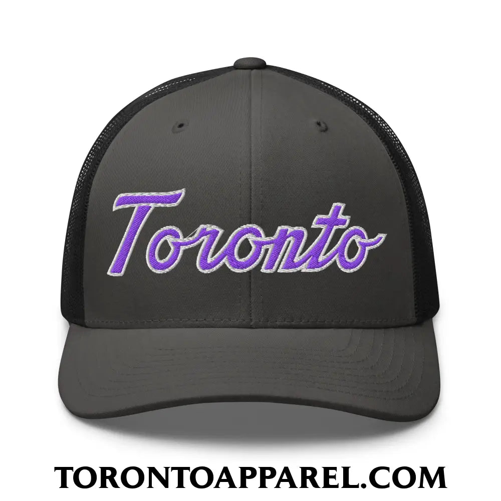 Toronto Basketball Classic Sports Script Embroidered Mesh Trucker Hat Purple / White - Charcoal/ Black - Toronto Apparel