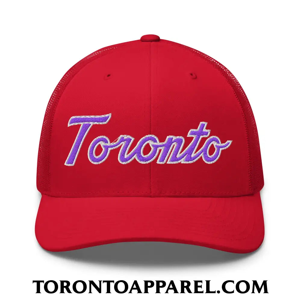Toronto Basketball Classic Sports Script Embroidered Mesh Trucker Hat Purple / White - Red - Toronto Apparel
