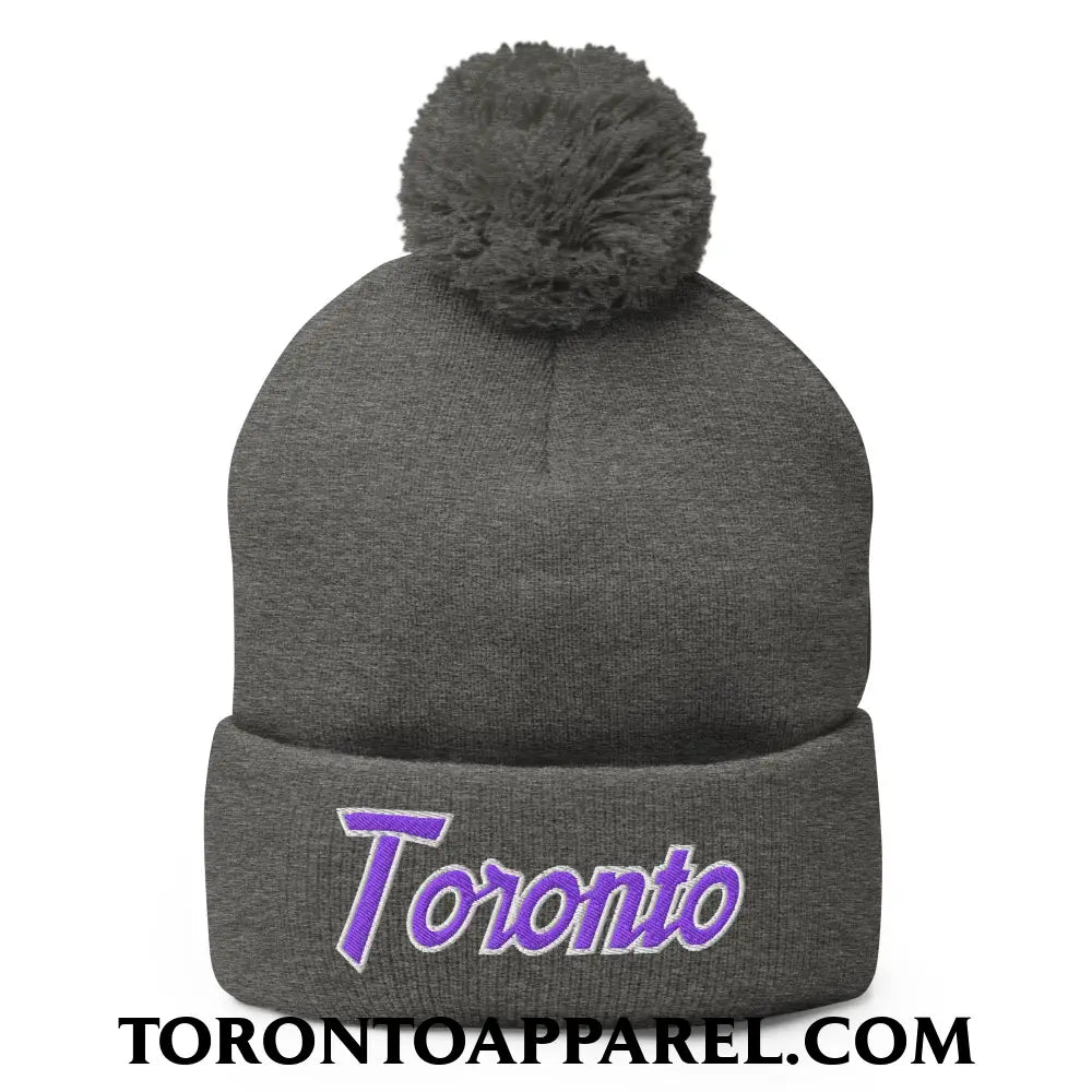 Toronto Basketball Vintage Sports Script Embroidered Pom Pom Knit Beanie Purple / White - Dark Heather Grey - Toronto Apparel