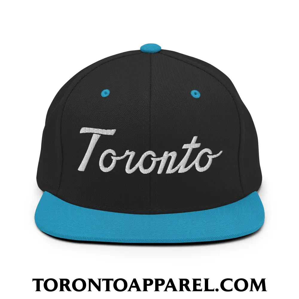 Toronto Classic Sports Script Embroidered Flat Brim Bill Snapback Hat - Black/ Teal - Toronto Apparel