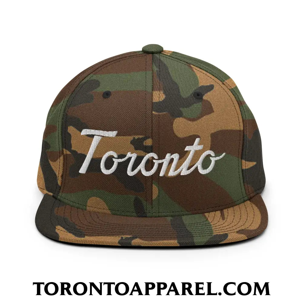 Toronto Classic Sports Script Embroidered Flat Brim Bill Snapback Hat - Green Camo - Toronto Apparel