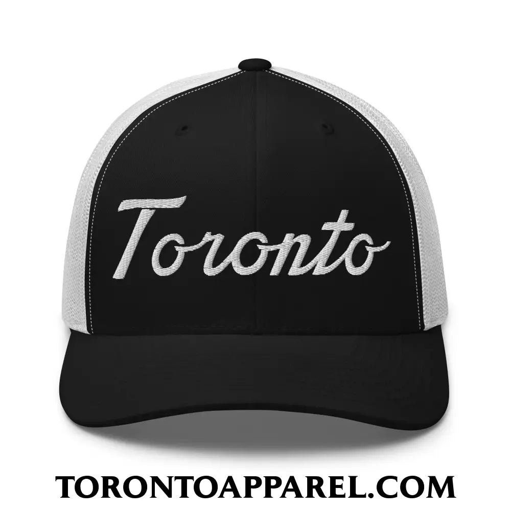 Toronto Classic Sports Script Embroidered Mesh Trucker Hat - Black/ White - Toronto Apparel