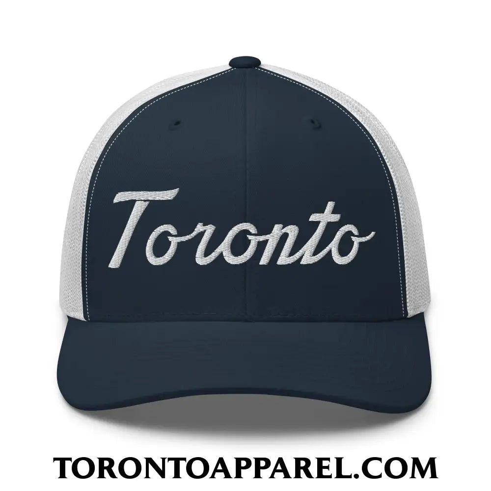 Toronto Classic Sports Script Embroidered Mesh Trucker Hat - Navy/ White - Toronto Apparel