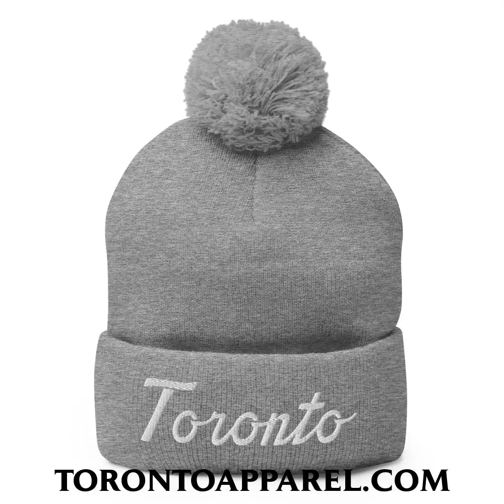 Toronto Classic Sports Script Embroidered Pom Pom Knit Beanie - Heather Grey - Toronto Apparel
