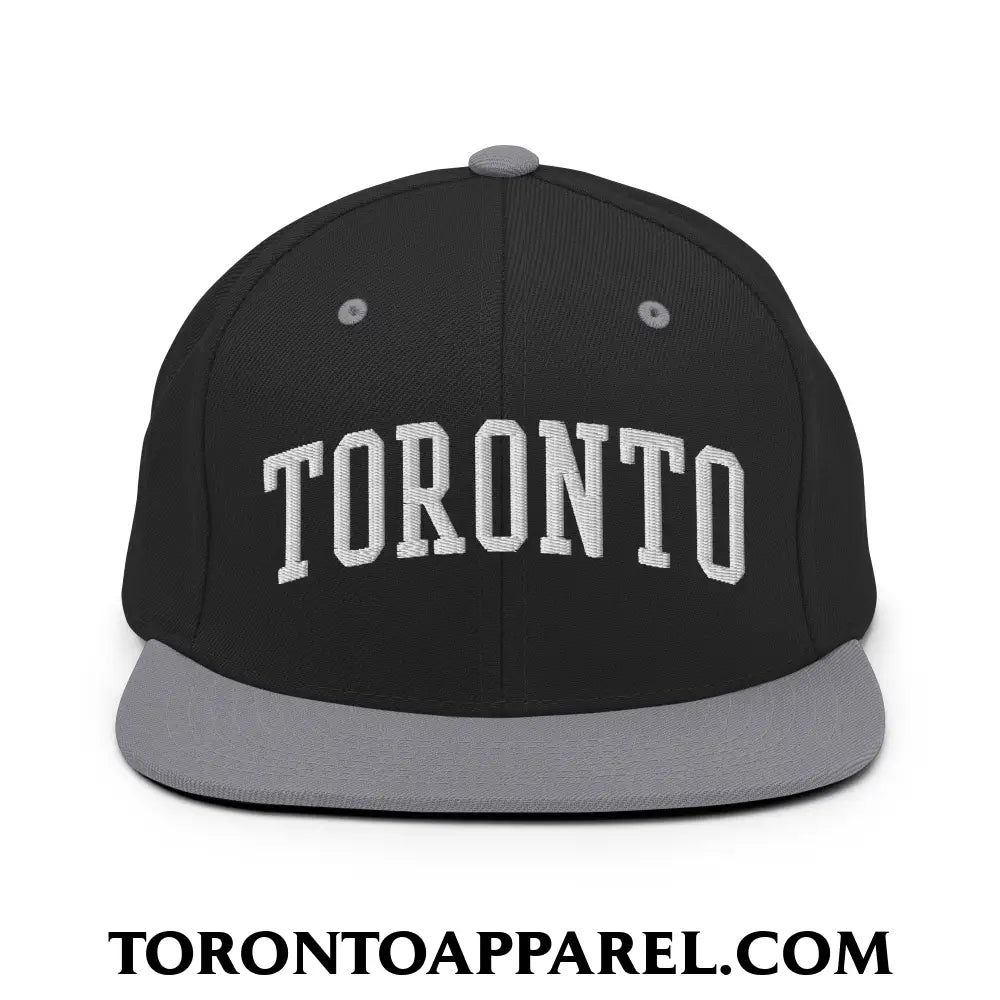 Toronto College Varisty Arch Block Embroidered Flat Brim Bill Snapback Hat - Black/ Silver - Toronto Apparel