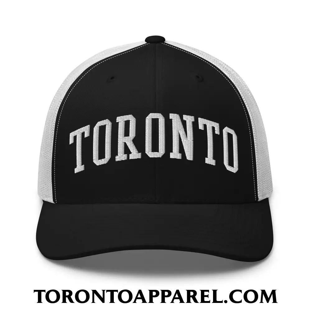 Toronto College Varisty Arch Block Embroidered Mesh Trucker Hat - Black/ White - Toronto Apparel