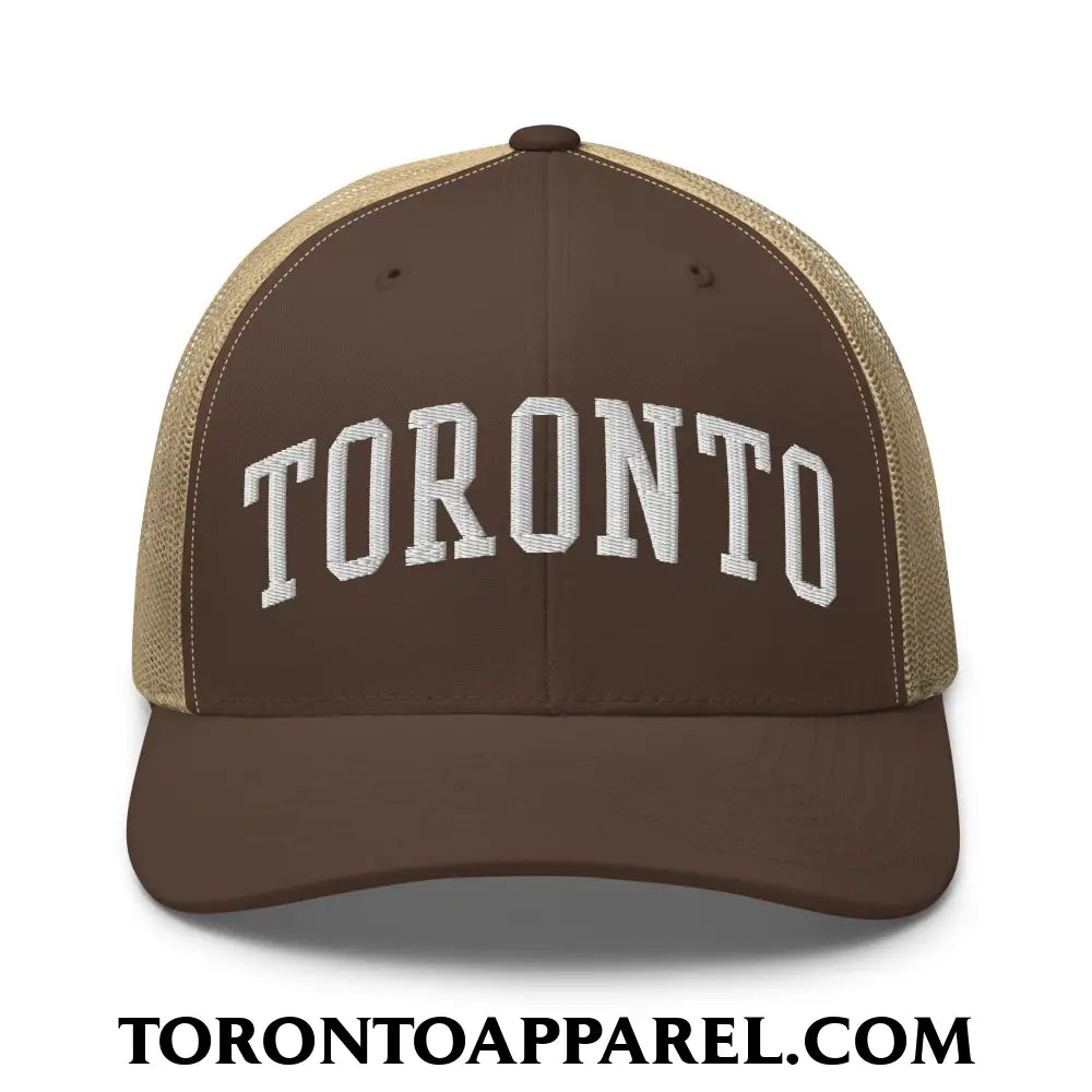 Toronto College Varisty Arch Block Embroidered Mesh Trucker Hat - Brown/ Khaki - Toronto Apparel