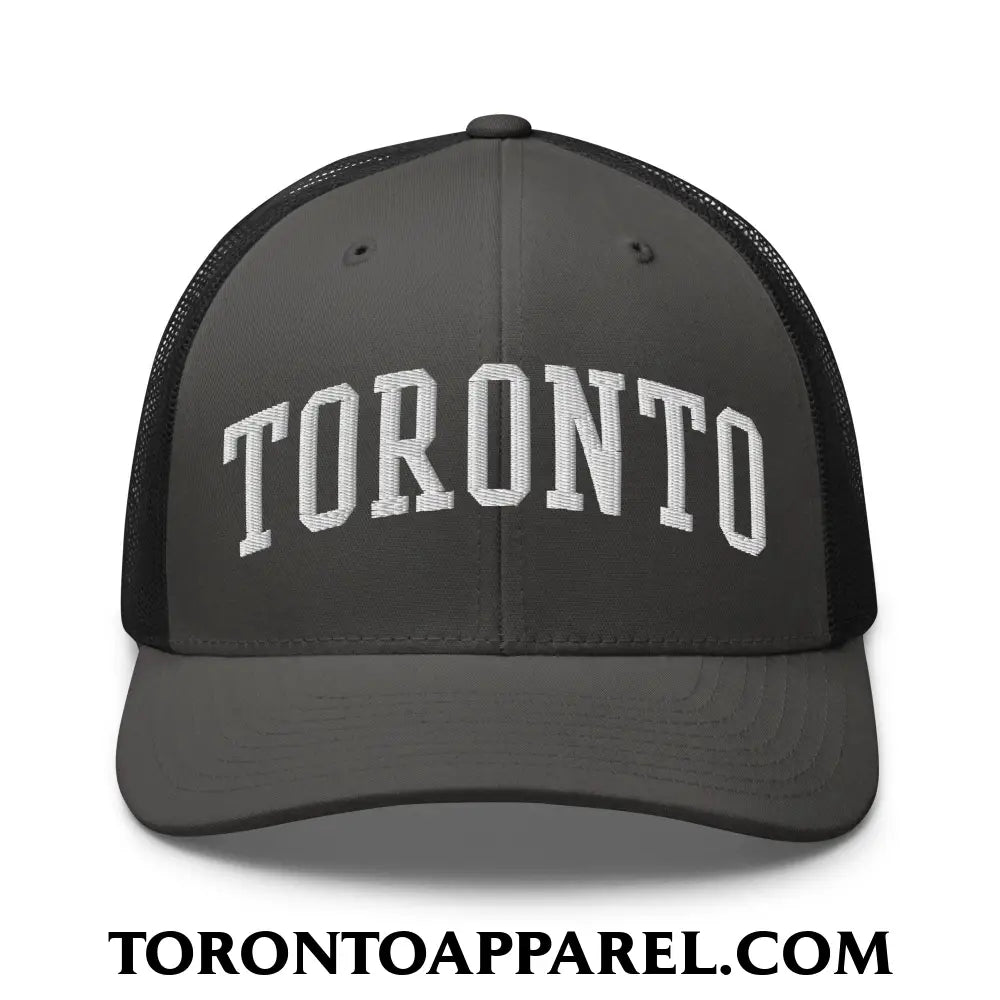 Toronto College Varisty Arch Block Embroidered Mesh Trucker Hat - Charcoal/ Black - Toronto Apparel