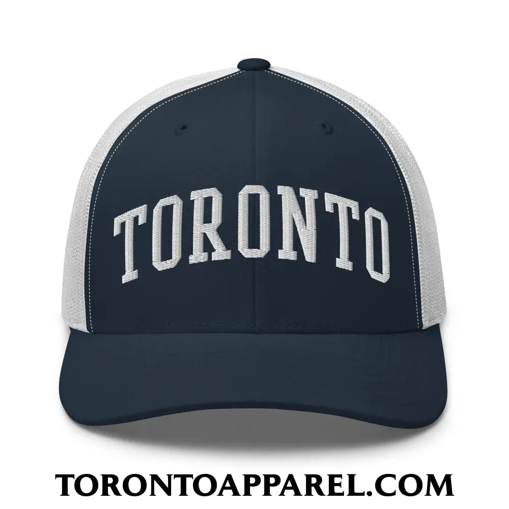 Toronto College Varisty Arch Block Embroidered Mesh Trucker Hat - Navy/ White - Toronto Apparel