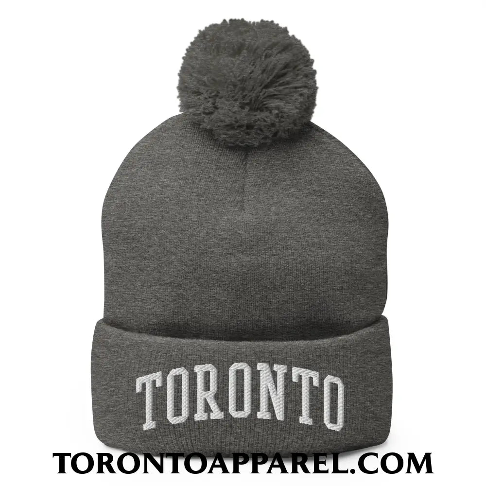 Toronto College Varisty Arch Block Embroidered Pom Pom Knit Beanie - Dark Heather Grey - Toronto Apparel