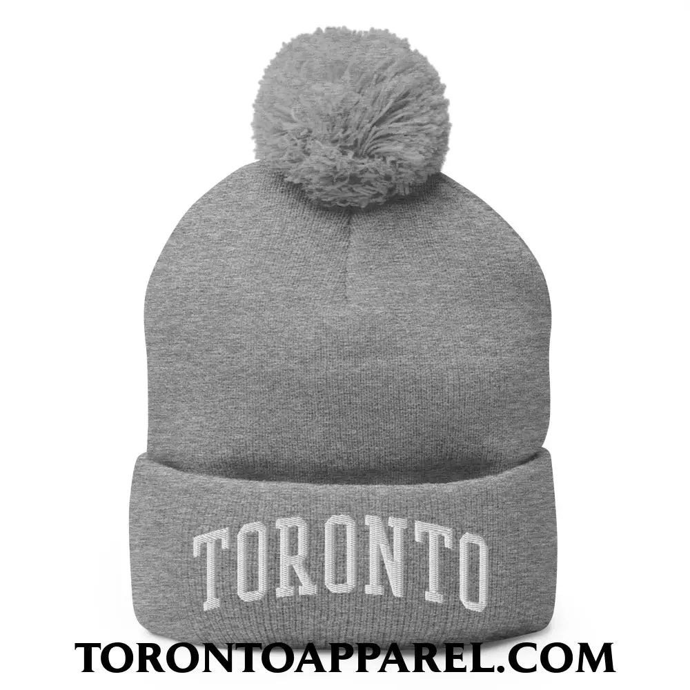 Toronto College Varisty Arch Block Embroidered Pom Pom Knit Beanie - Heather Grey - Toronto Apparel