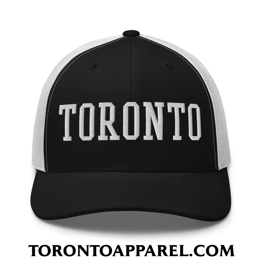 Toronto College Varsity Block Embroidered Mesh Trucker Hat - Black/ White - Toronto Apparel
