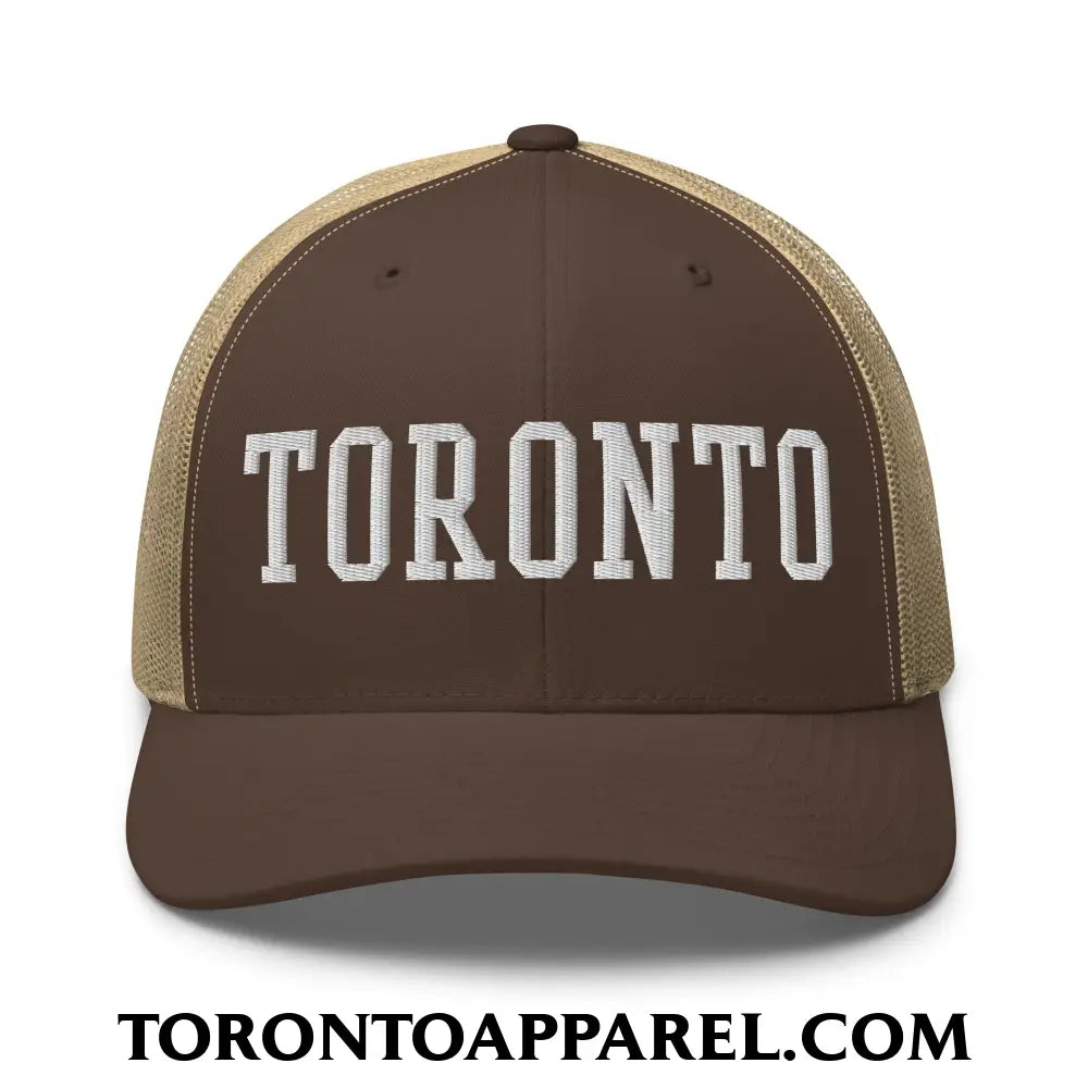 Toronto College Varsity Block Embroidered Mesh Trucker Hat - Brown/ Khaki - Toronto Apparel