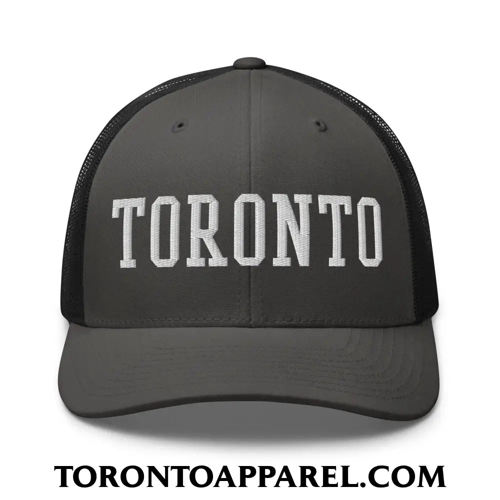 Toronto College Varsity Block Embroidered Mesh Trucker Hat - Charcoal/ Black - Toronto Apparel