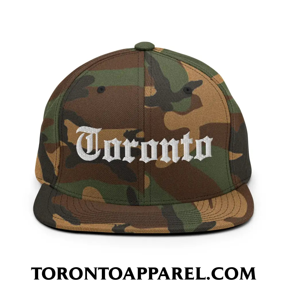 Toronto Old English Embroidered Flat Brim Bill Snapback Hat - Green Camo - Toronto Apparel