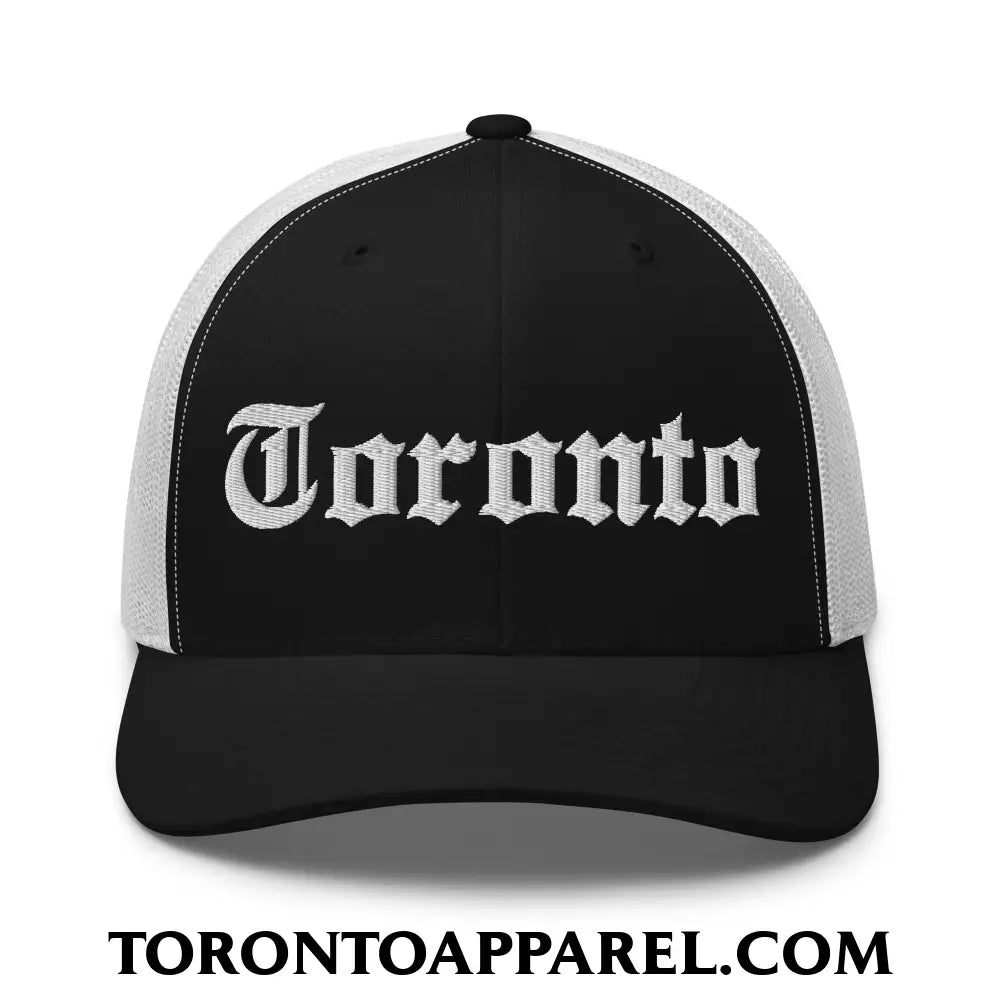 Toronto Old English Embroidered Mesh Trucker Hat - Black/ White - Toronto Apparel
