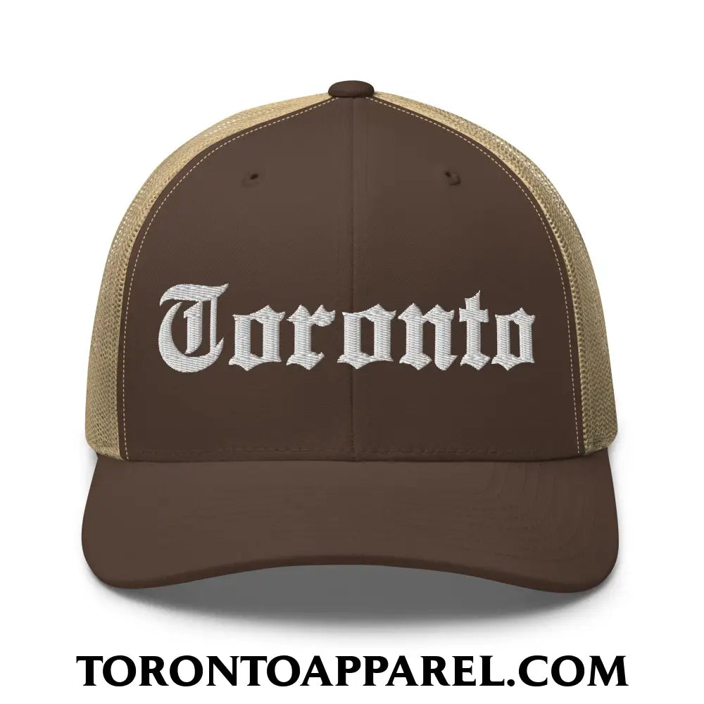 Toronto Old English Embroidered Mesh Trucker Hat - Brown/ Khaki - Toronto Apparel