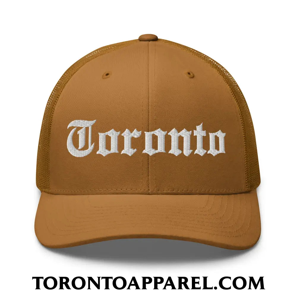 Toronto Old English Embroidered Mesh Trucker Hat - Caramel - Toronto Apparel