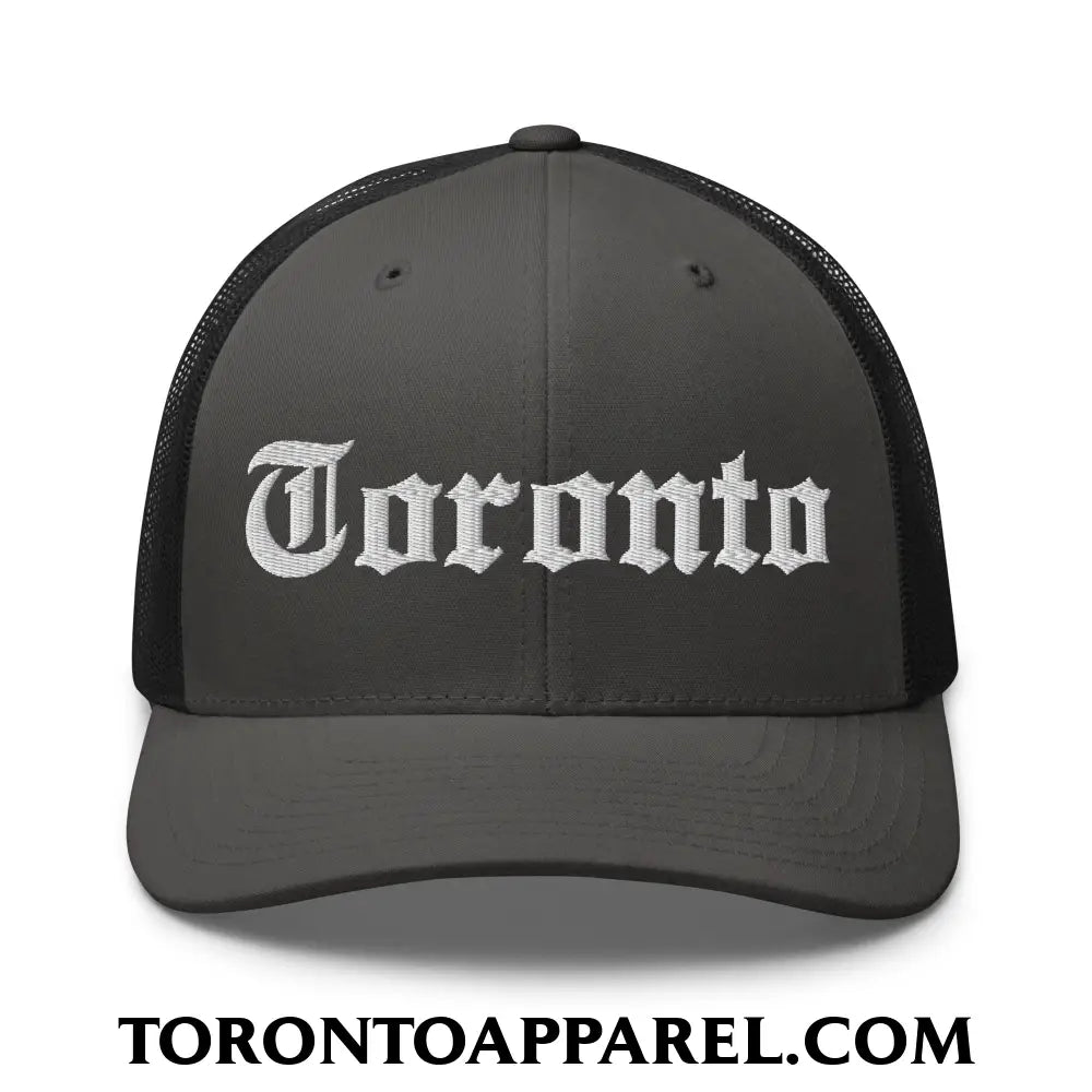 Toronto Old English Embroidered Mesh Trucker Hat - Charcoal/ Black - Toronto Apparel