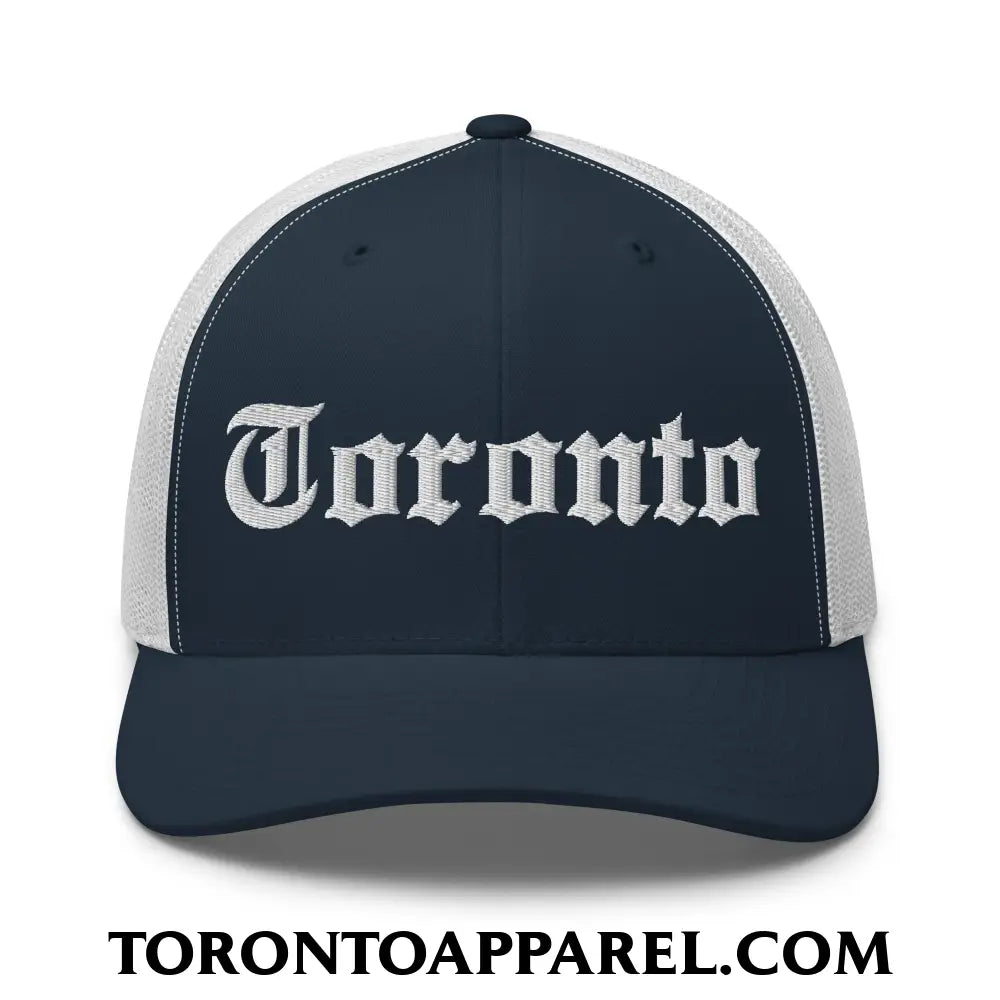 Toronto Old English Embroidered Mesh Trucker Hat - Navy/ White - Toronto Apparel