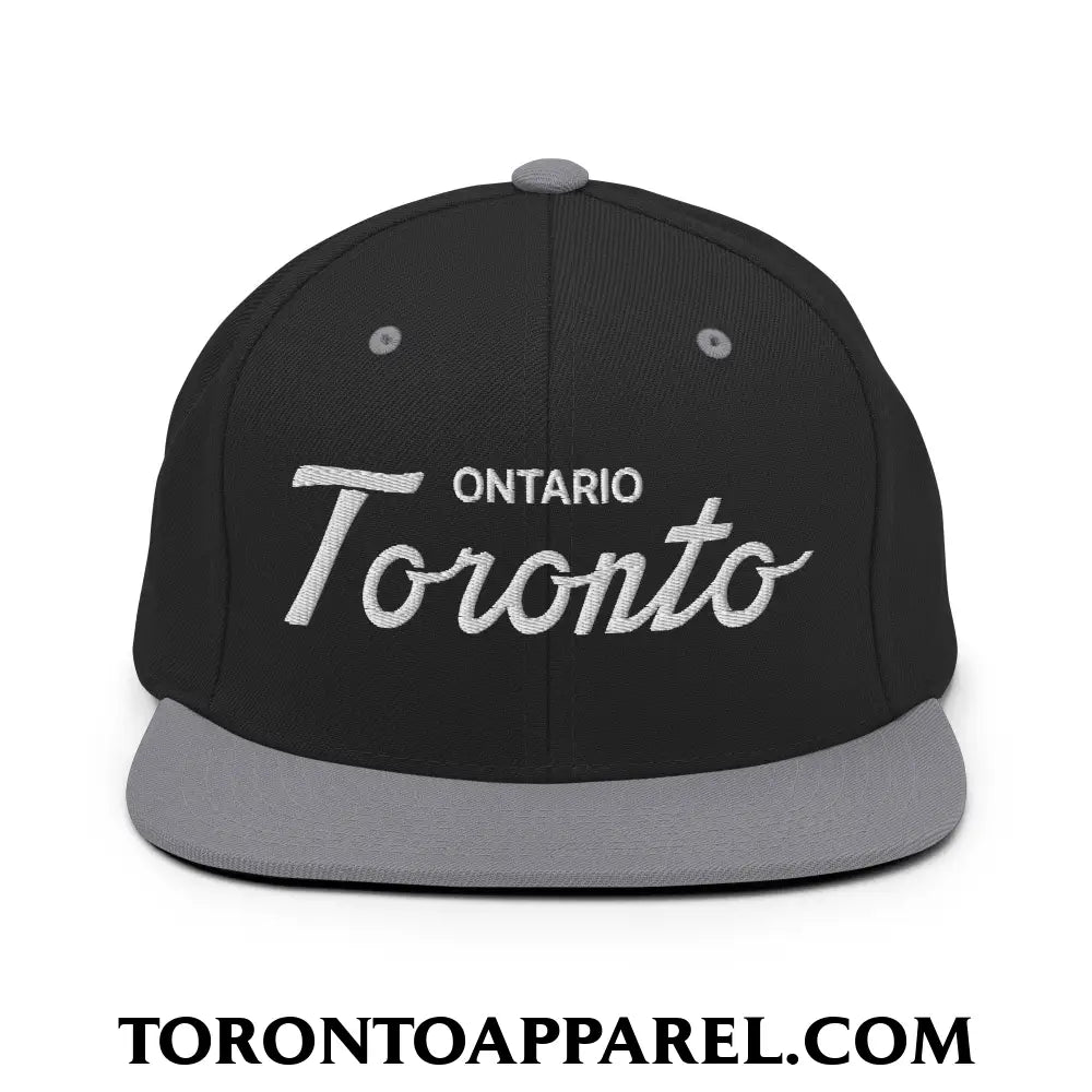 Toronto Ontario Classic Sports Script Embroidered Flat Brim Bill Snapback Hat - Black/ Silver - Toronto Apparel