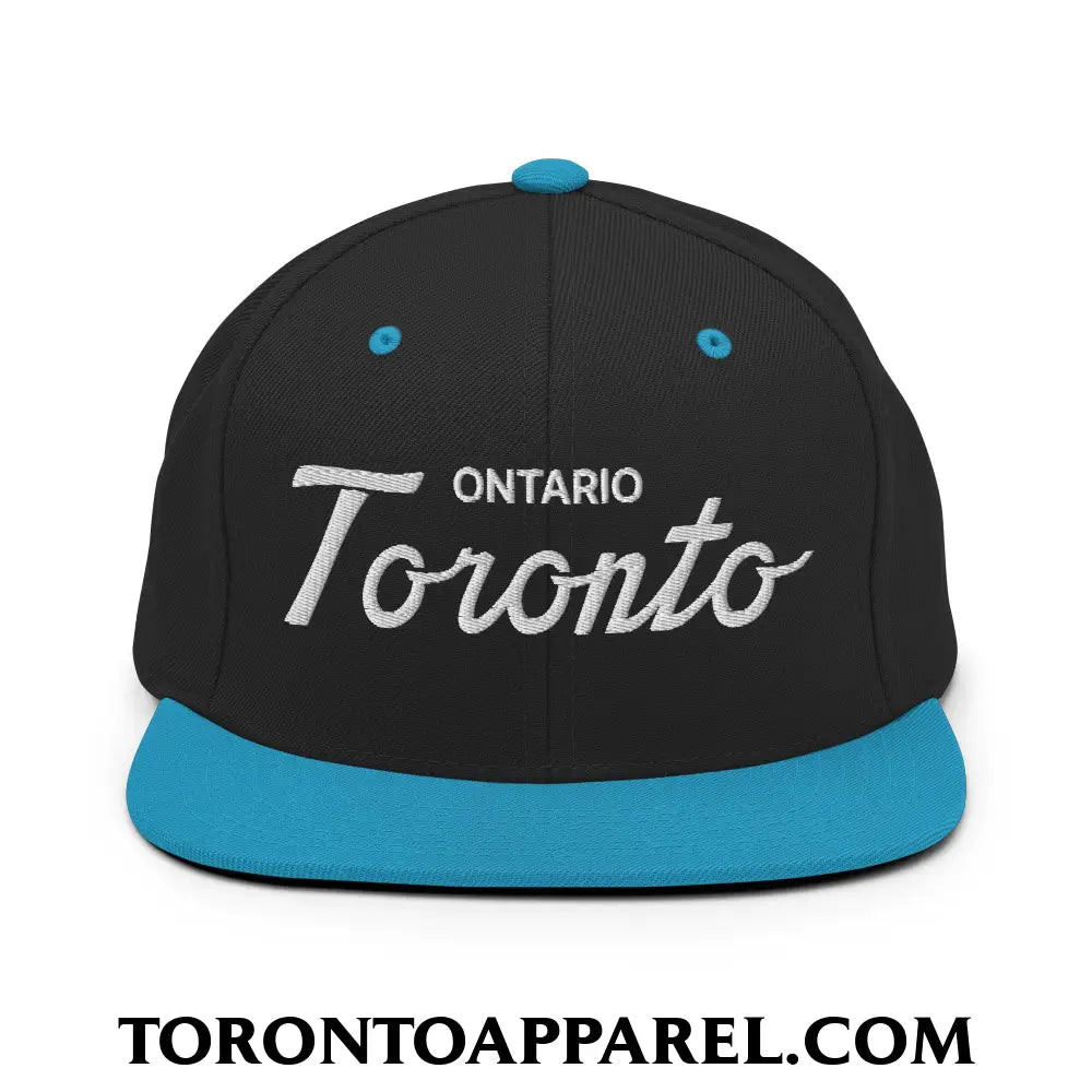 Toronto Ontario Classic Sports Script Embroidered Flat Brim Bill Snapback Hat - Black/ Teal - Toronto Apparel