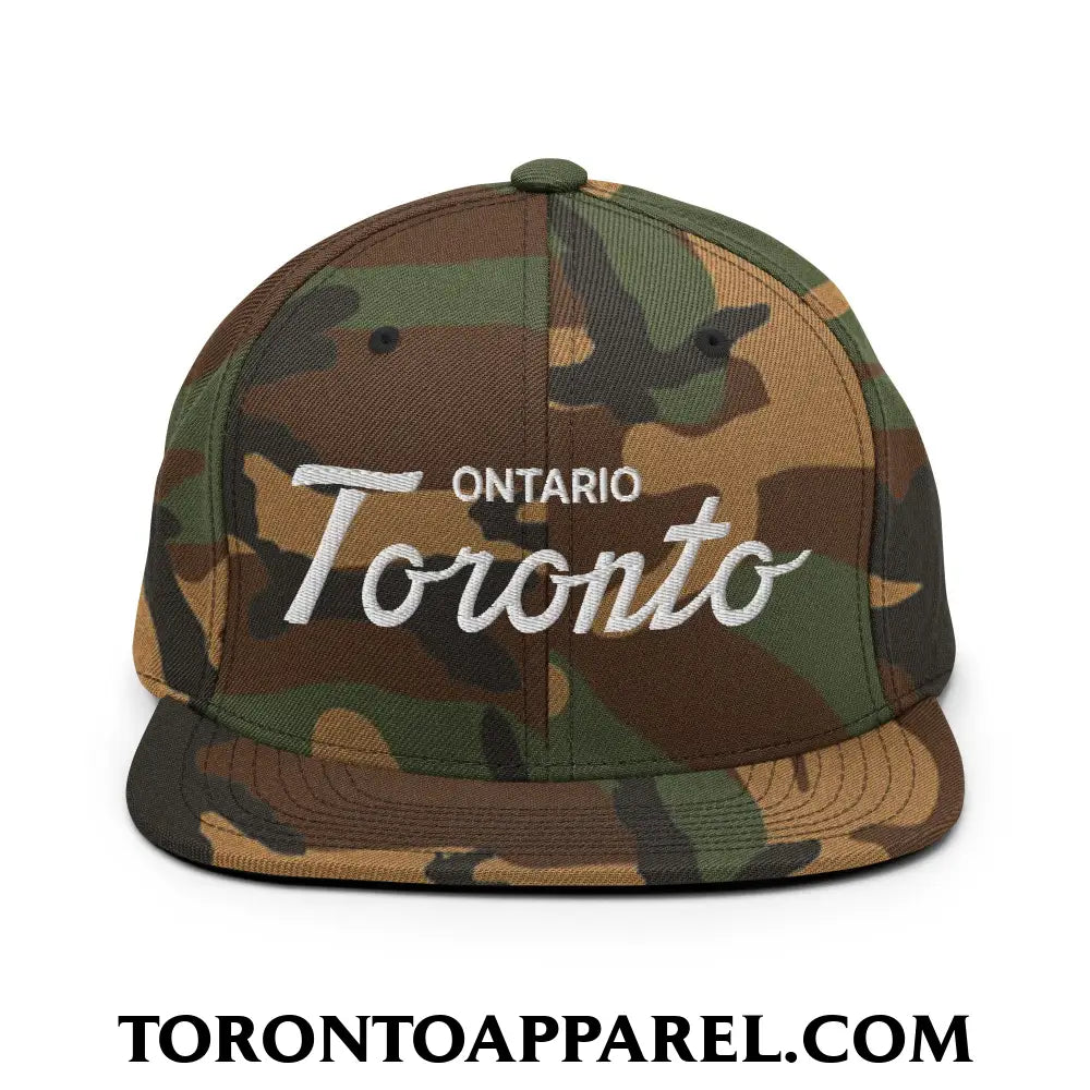 Toronto Ontario Classic Sports Script Embroidered Flat Brim Bill Snapback Hat - Green Camo - Toronto Apparel