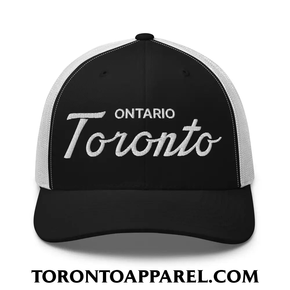 Toronto Ontario Classic Sports Script Embroidered Mesh Trucker Hat - Black/ White - Toronto Apparel