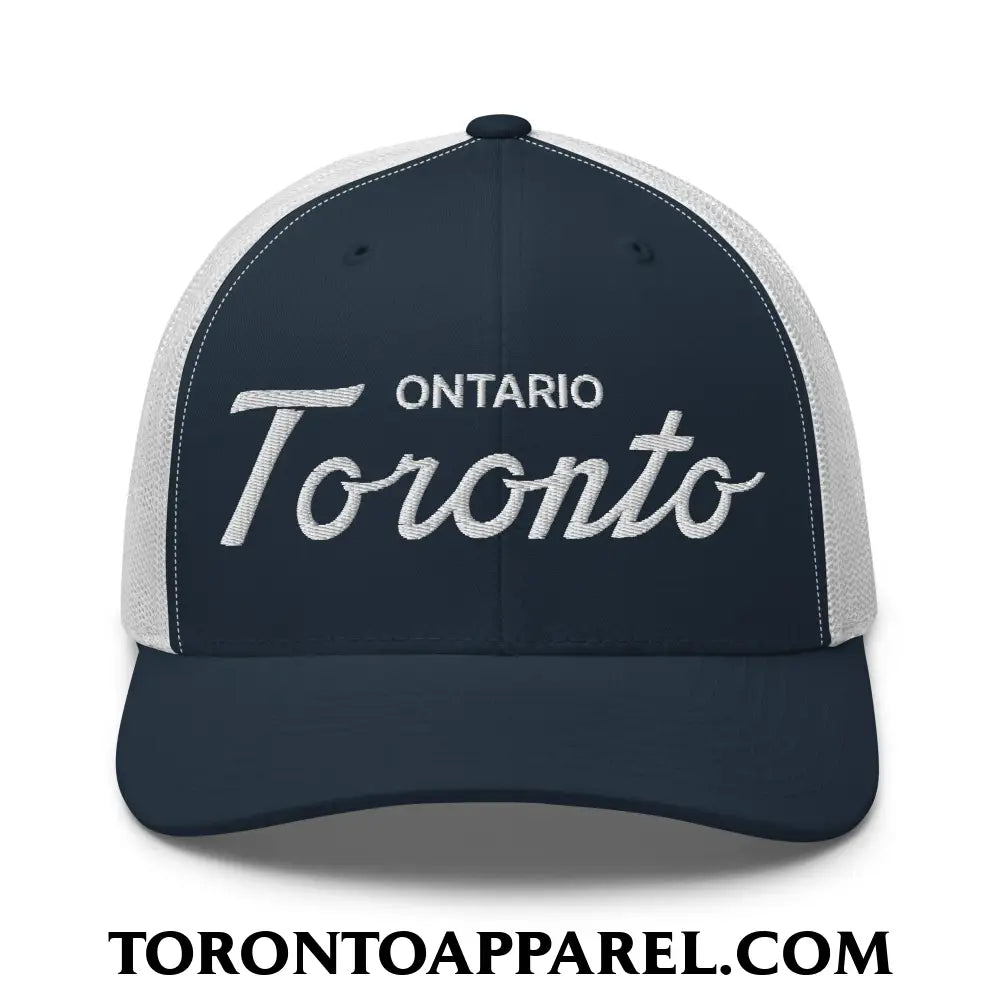 Toronto Ontario Classic Sports Script Embroidered Mesh Trucker Hat - Navy/ White - Toronto Apparel
