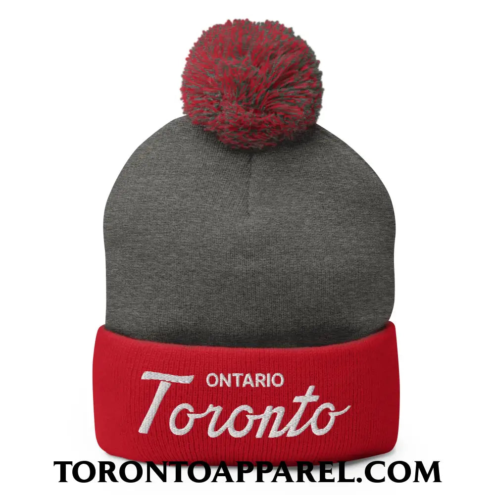 Toronto Ontario Classic Sports Script Embroidered Pom Pom Knit Beanie - Dark Heather Grey/ Red - Toronto Apparel