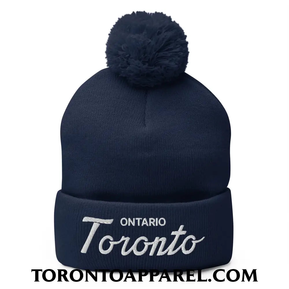 Toronto Ontario Classic Sports Script Embroidered Pom Pom Knit Beanie - Navy - Toronto Apparel