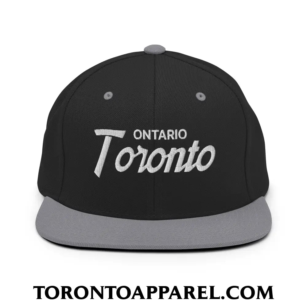 Toronto Ontario Vintage Sports Script Embroidered Flat Brim Bill Snapback Hat - Black/ Silver - Toronto Apparel
