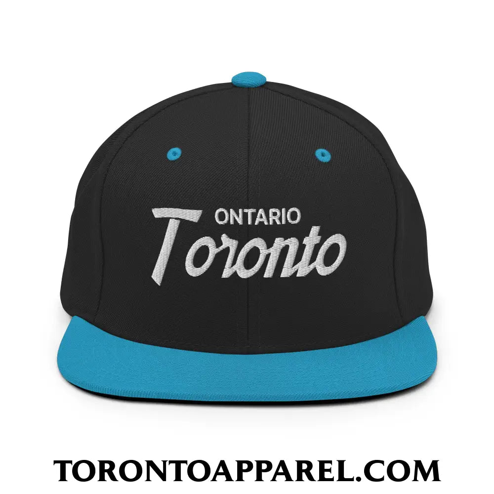 Toronto Ontario Vintage Sports Script Embroidered Flat Brim Bill Snapback Hat - Black/ Teal - Toronto Apparel