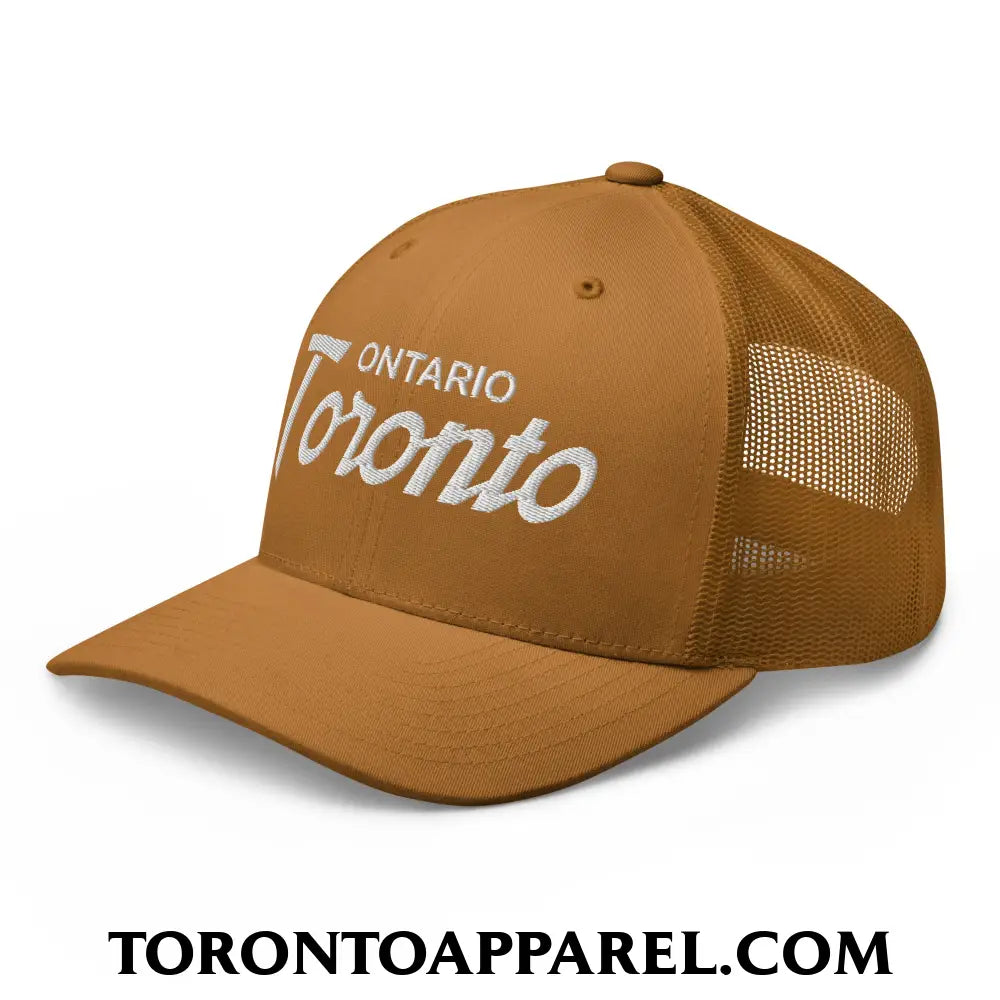 Toronto Ontario Vintage Sports Script Embroidered Mesh Trucker Hat - Toronto Apparel