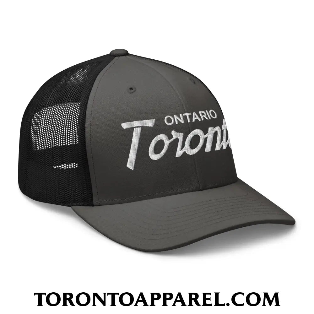 Toronto Ontario Vintage Sports Script Embroidered Mesh Trucker Hat - Toronto Apparel