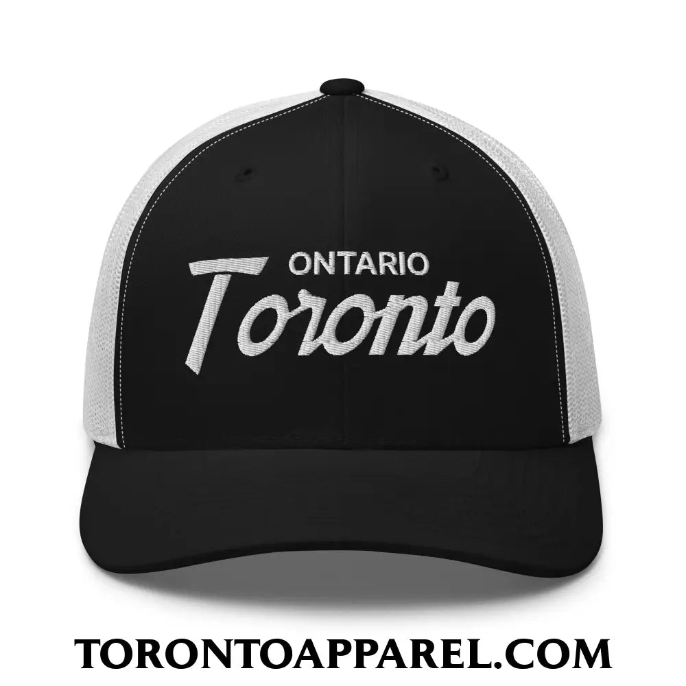 Toronto Ontario Vintage Sports Script Embroidered Mesh Trucker Hat - Black/ White - Toronto Apparel
