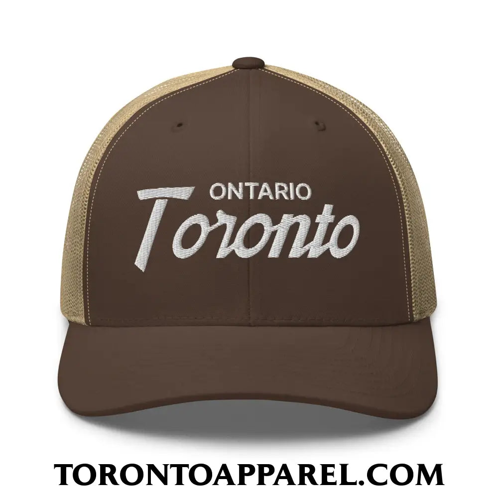 Toronto Ontario Vintage Sports Script Embroidered Mesh Trucker Hat - Brown/ Khaki - Toronto Apparel